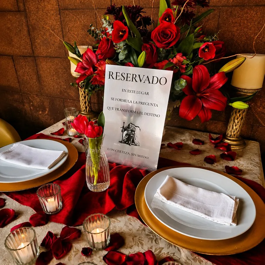Mesa preparada para pedida de mano con rosas rojas, pétalos y velas en Arcanum Domus
