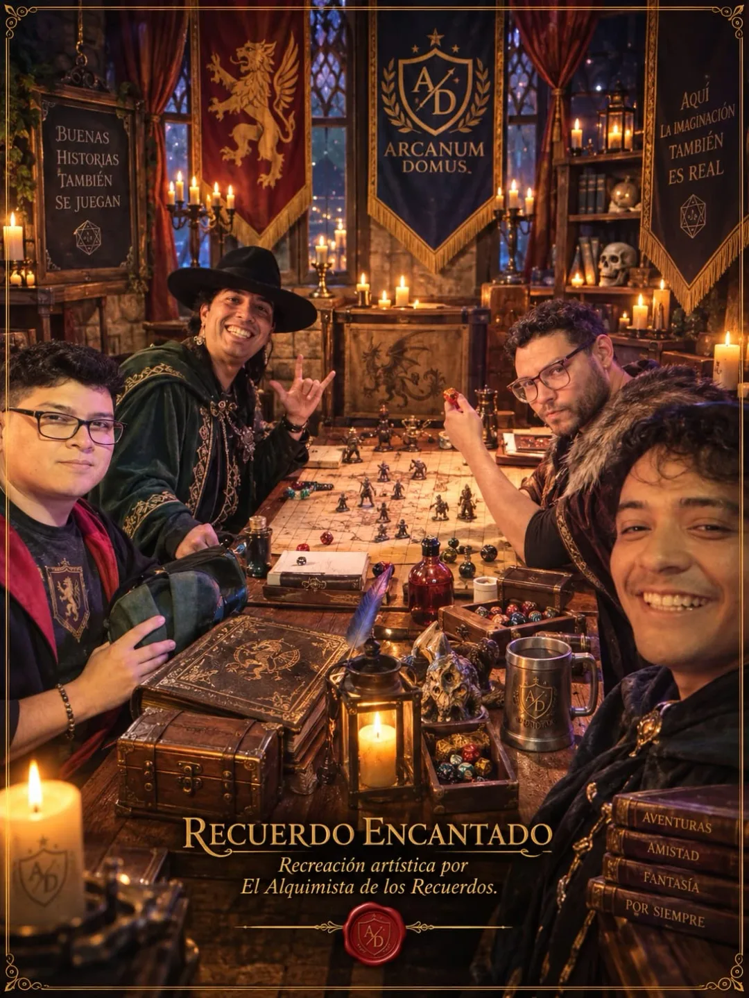 Recuerdo Encantado: grupo de jugadores de rol alrededor de una mesa con mapa, dados y miniaturas en Arcanum Domus, imagen embellecida con inteligencia artificial